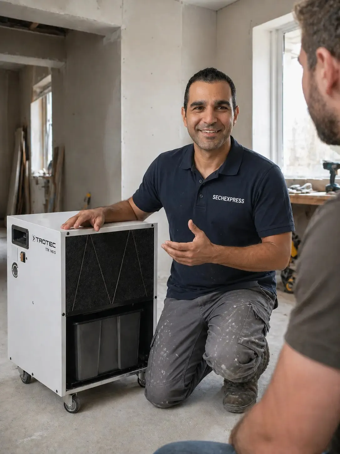 Technicien Sechexpress en uniforme installant un déshumidificateur TTK 140 S – service professionnel Belgique